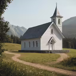 an old church stands near a dirt road