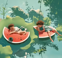 two children in floating boats float on lily pads