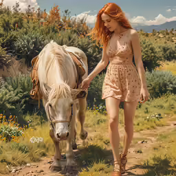 a painting of a woman walking a horse