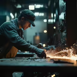 a man welders metal in the middle of a factory