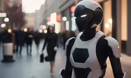 a woman in a robot suit standing on the street