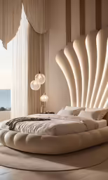this bedroom has an art decoist flair