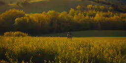 two people holding a child while walking through a green field