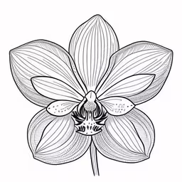 a drawing of a flower that is black and white,the flower that looks like an orchid is drawn with a pen