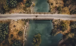 aerial photo of a bridge and a lake near some trees