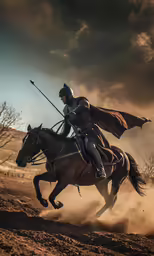 a man riding a horse across a dirt field