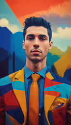a man wearing a yellow tie and multicolored jacket with a mountain background,this is a selfie photo of a young man wearing a colorful suit