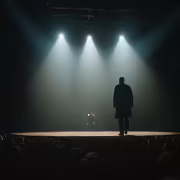 a dark scene with several spotlights, and a person facing a stage