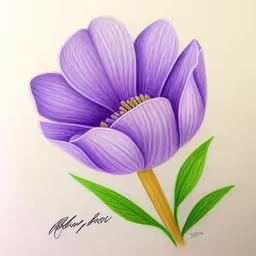 a purple flower on a white background,drawing a flower in colored pencils on paper