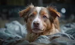 a dog with wet fur sitting on a bed