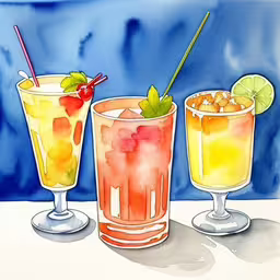 three glasses of fruit drinks are on a table,three different kinds of drinks sitting on a table,three drinks are lined up on the table,the three alcoholic drinks have a straw and lime in it,a painting of 3 drinks each with different toppings
