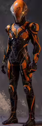 a computer painting shows a man in a futuristic suit,a futuristic orange man in full body suit