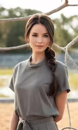 a woman standing in front of some branches wearing a grey top