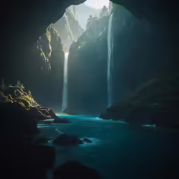 a cave is open with water in the middle and a waterfall in the back