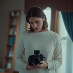 young woman taking photograph with digital camera on her knees