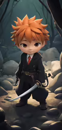 a cartoon of a person in a forest with a sword
