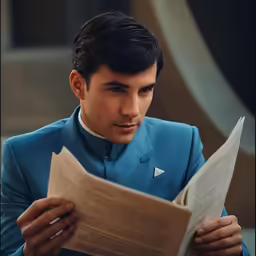 the man in a blue suit is reading a piece of paper