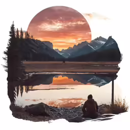 a water reflection showing a person sitting at the waters edge