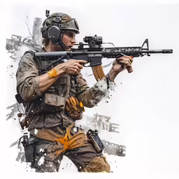 a male in uniform holds a rifle as it walks