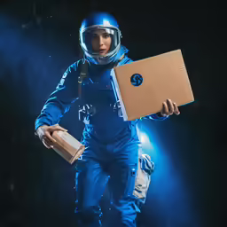an astronaut in blue with a cardboard box on his back