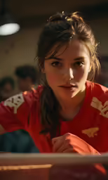 a close up photo of a woman wearing a red shirt
