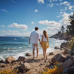 a man and a woman are walking down the beach towards the water
