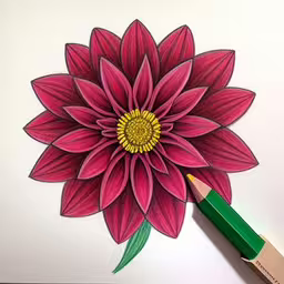 a pencil drawing a pink flower on a white paper,a pencil sitting on top of a drawing of a red flower