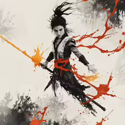 a woman with a sword and blood stains
