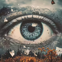 an eye looks up in a surreal scene