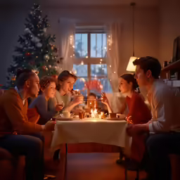 a family having a candlelit dinner at christmas time