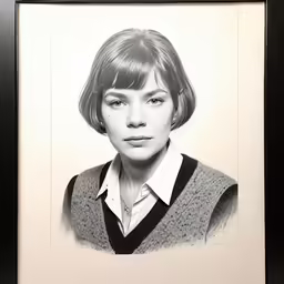 a woman with short hair and bangs in a black frame