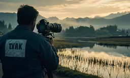 man filming sunrise near water with video camera