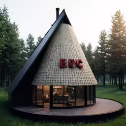 a small black and white building in the middle of trees