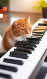 an orange and white cat laying down on top of a piano