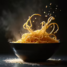 a bowl of pasta with one end sprinkled with cheese
