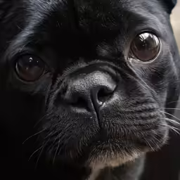 a small black dog sitting on top of a hard wood floor