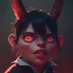 a woman with red eyes is wearing horned horns