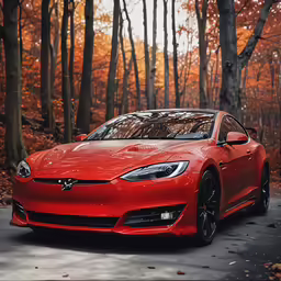 a red tesla parked in front of some autumn trees