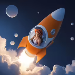 a girl in a fish - shaped rocket floating above the clouds