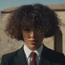 a young woman with a dark hair style is wearing a red tie