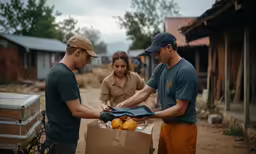 a couple of men standing next to a brown cardboard bag