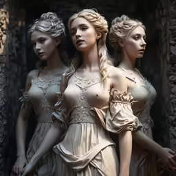 a group of three beautiful female statues posing for a photo