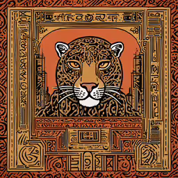 a large black and gold poster with a jaguar face,the face of a leopard on an orange background