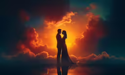 couple in front of a bright sunset with clouds