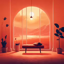 an orange room with a sofa and potted plants,the sunlight is shining brightly into an empty room