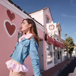 woman in pink outfit leaning against a building with a giant heart painted on the side