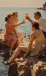people sitting on rocks near the water toasting