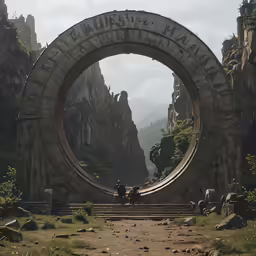 a couple is standing outside a giant entrance to a mountain area