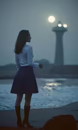 a woman wearing a skirt and boots standing on the beach
