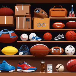 several shelves holding assorted sport memorabilia with a variety of basketballs,assortment of sports equipment displayed in display case